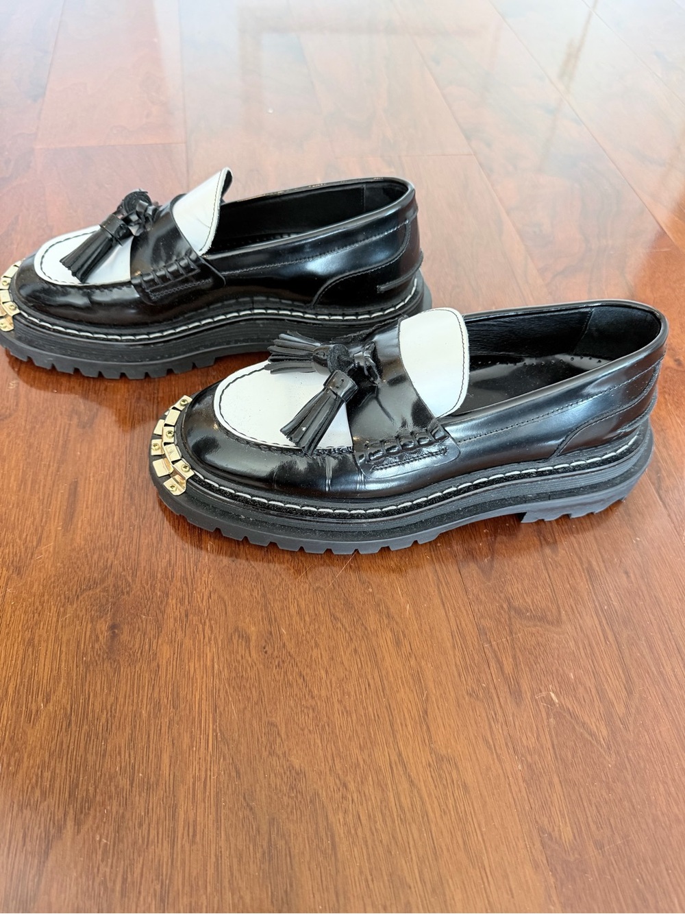 Sandro Jackson Black White Leather Tassel Chunky Lug Sole Loafers 37 - Picture 4 of 6